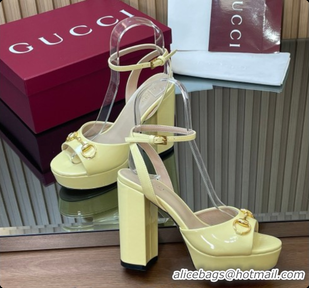 Popular Style Gucci Lambskin Leather Platform Sandals 11.5cm with Horsebit and Strass Yellow 2026 795224