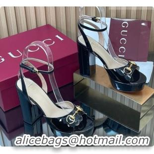 Good Quality Gucci Lambskin Leather Platform Sandals 11.5cm with Horsebit and Strass Black 2026 795224
