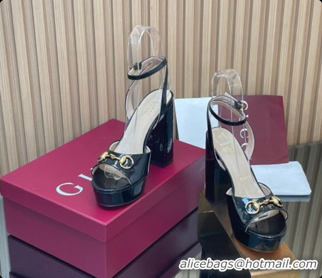 Good Quality Gucci Lambskin Leather Platform Sandals 11.5cm with Horsebit and Strass Black 2026 795224