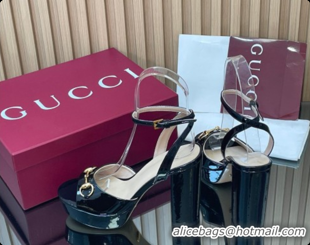 Good Quality Gucci Lambskin Leather Platform Sandals 11.5cm with Horsebit and Strass Black 2026 795224