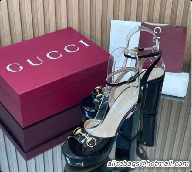 Good Quality Gucci Lambskin Leather Platform Sandals 11.5cm with Horsebit and Strass Black 2026 795224