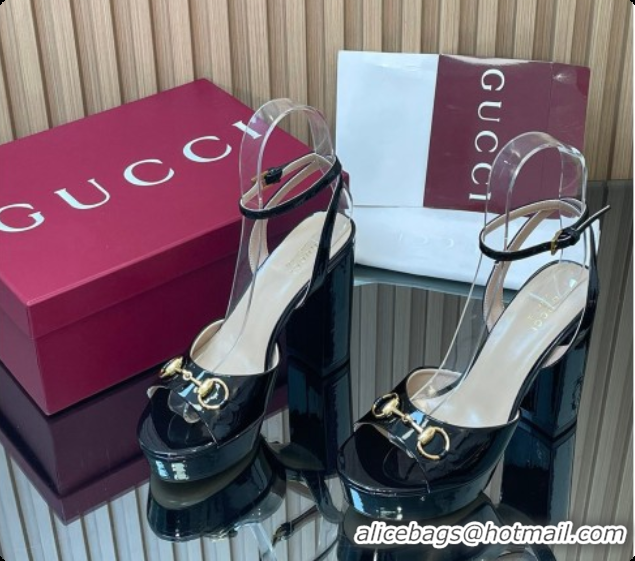 Good Quality Gucci Lambskin Leather Platform Sandals 11.5cm with Horsebit and Strass Black 2026 795224