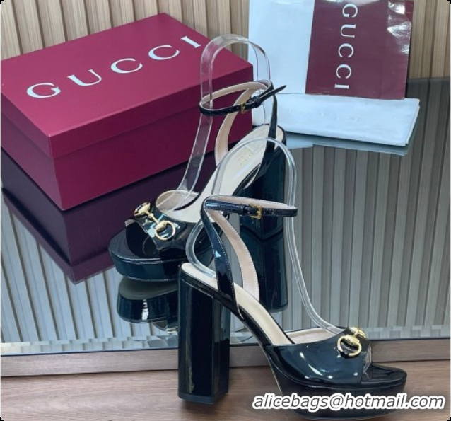 Good Quality Gucci Lambskin Leather Platform Sandals 11.5cm with Horsebit and Strass Black 2026 795224