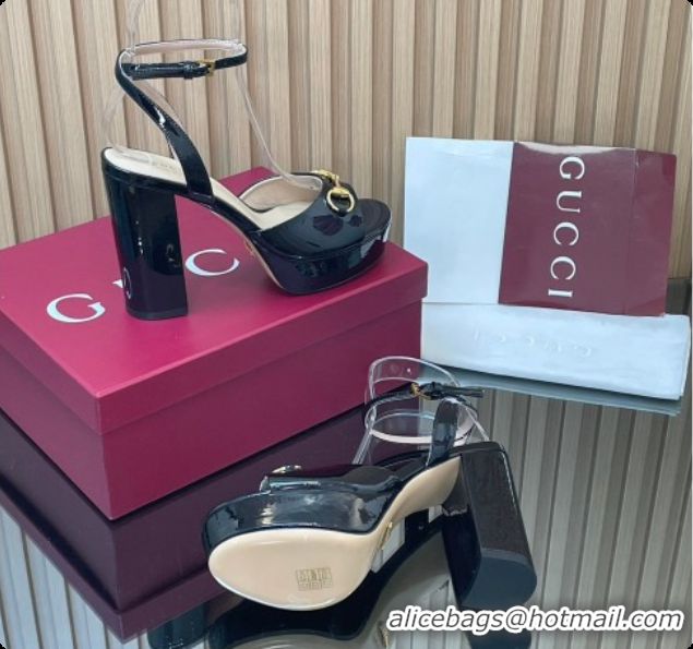 Good Quality Gucci Lambskin Leather Platform Sandals 11.5cm with Horsebit and Strass Black 2026 795224