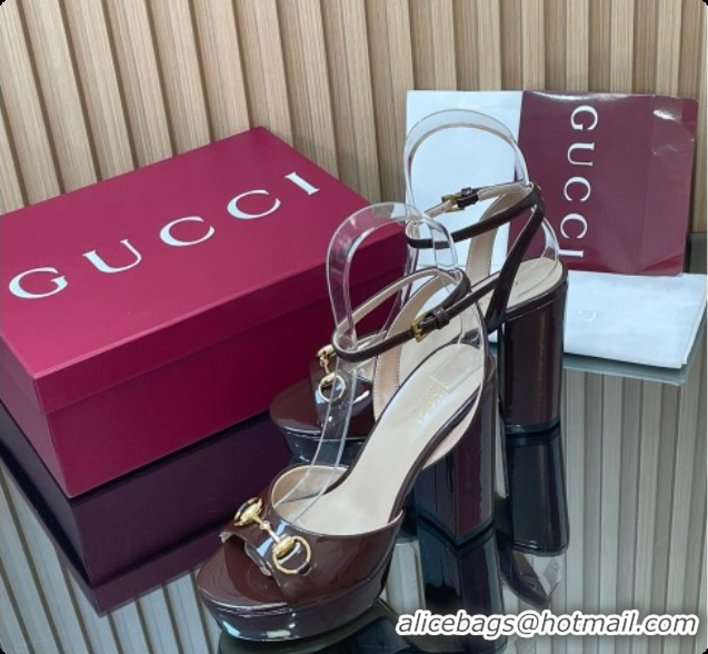 Luxurious Gucci Lambskin Leather Platform Sandals 11.5cm with Horsebit and Strass Brown 2026 795224