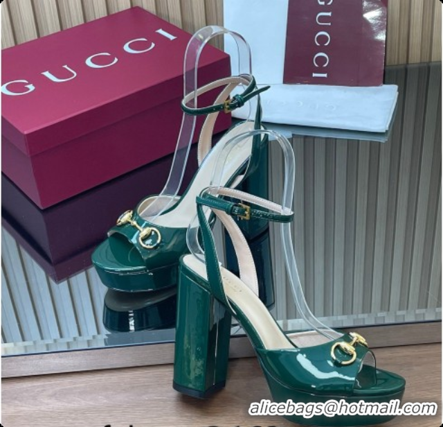 Pretty Style Gucci Lambskin Leather Platform Sandals 11.5cm with Horsebit and Strass Green 2026 795224