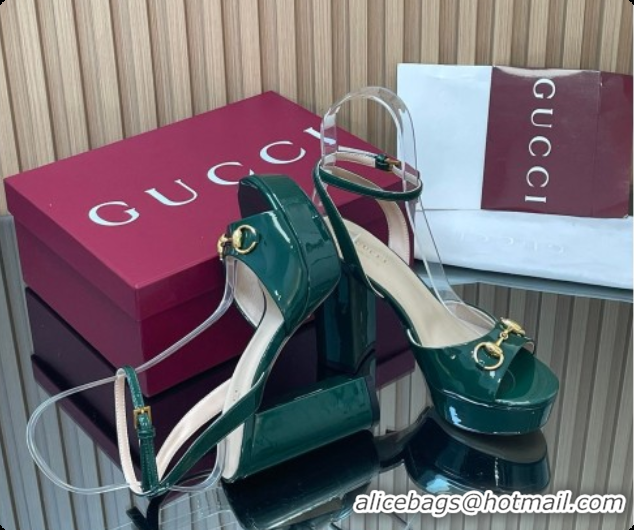 Pretty Style Gucci Lambskin Leather Platform Sandals 11.5cm with Horsebit and Strass Green 2026 795224