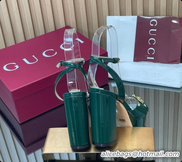 Pretty Style Gucci Lambskin Leather Platform Sandals 11.5cm with Horsebit and Strass Green 2026 795224