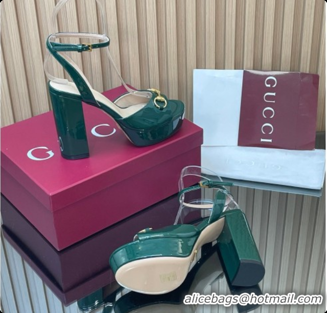 Pretty Style Gucci Lambskin Leather Platform Sandals 11.5cm with Horsebit and Strass Green 2026 795224