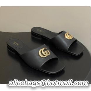 Purchase Gucci Lambskin Leather Flat Slides Sandal Black 2026 GG030503