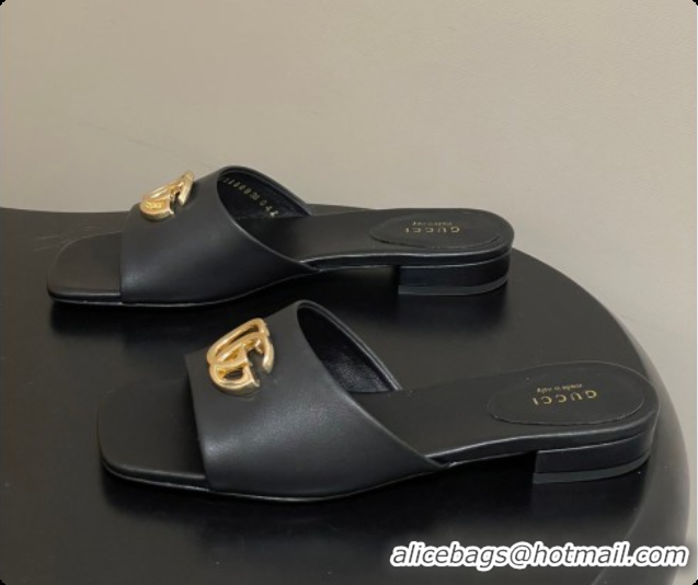 Purchase Gucci Lambskin Leather Flat Slides Sandal Black 2026 GG030503
