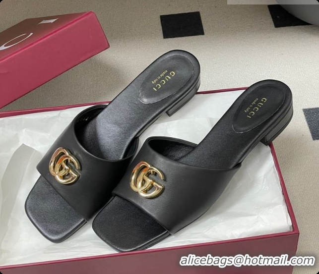 Purchase Gucci Lambskin Leather Flat Slides Sandal Black 2026 GG030503