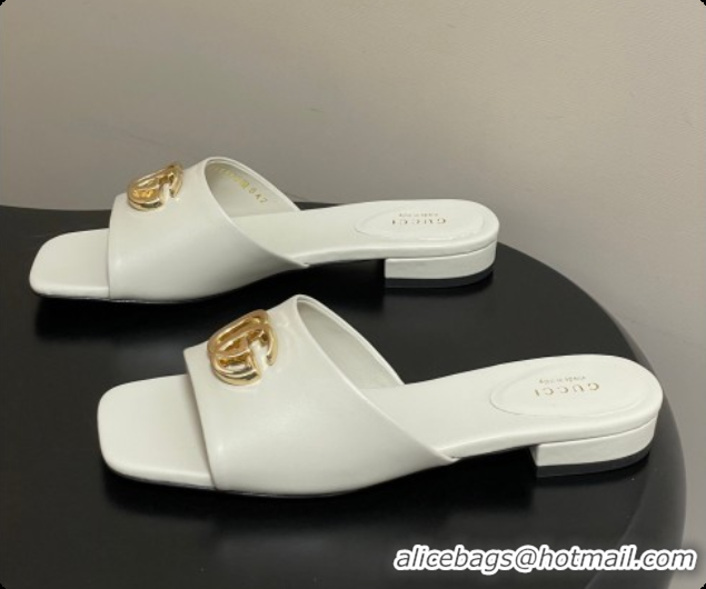 Top Design Gucci Lambskin Leather Flat Slides Sandal White 2026 GG030503