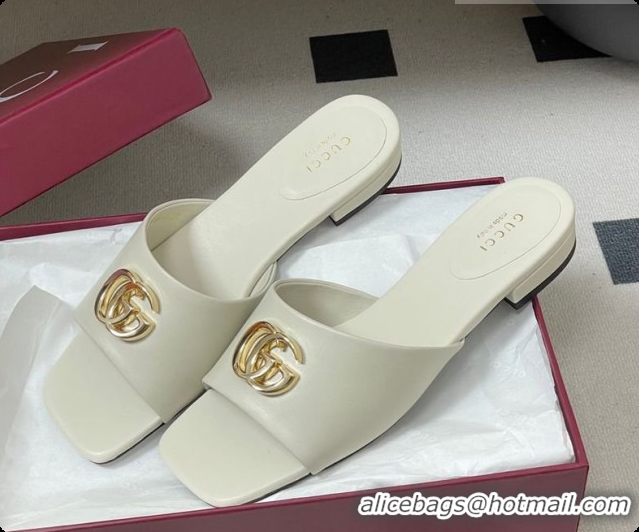 Top Design Gucci Lambskin Leather Flat Slides Sandal White 2026 GG030503