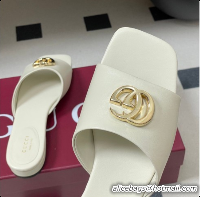 Top Design Gucci Lambskin Leather Flat Slides Sandal White 2026 GG030503