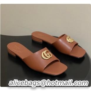 Grade Quality Gucci Lambskin Leather Flat Slides Sandal Brown 2026 GG030503