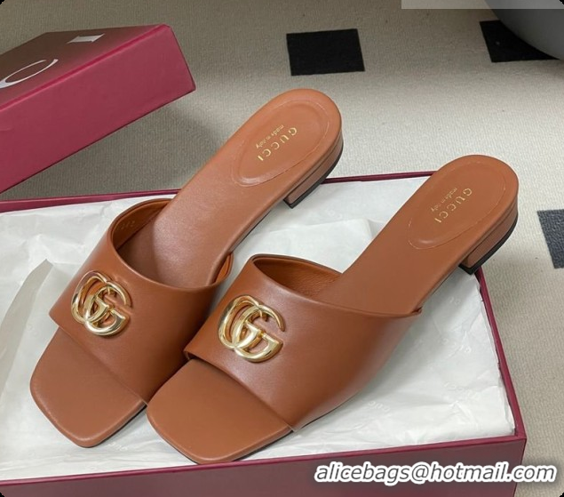 Grade Quality Gucci Lambskin Leather Flat Slides Sandal Brown 2026 GG030503