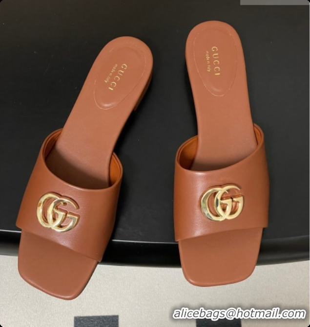 Grade Quality Gucci Lambskin Leather Flat Slides Sandal Brown 2026 GG030503