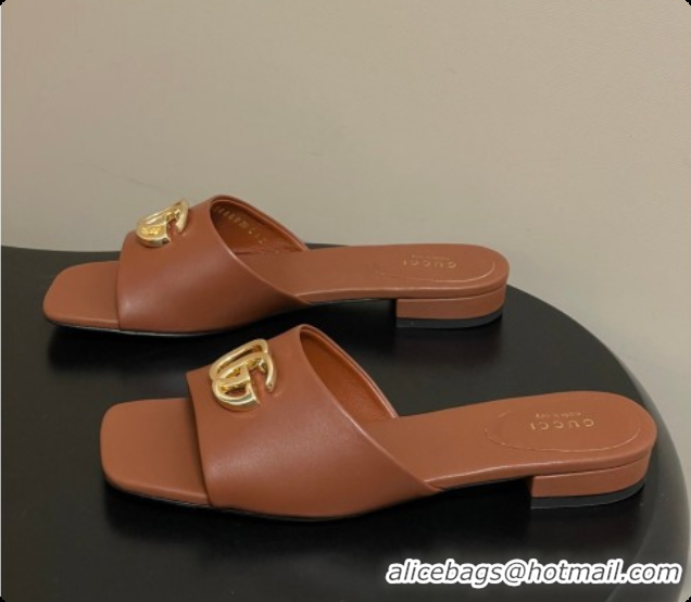 Grade Quality Gucci Lambskin Leather Flat Slides Sandal Brown 2026 GG030503