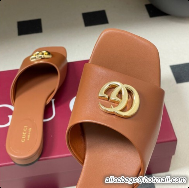 Grade Quality Gucci Lambskin Leather Flat Slides Sandal Brown 2026 GG030503