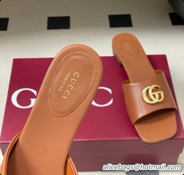 Grade Quality Gucci Lambskin Leather Flat Slides Sandal Brown 2026 GG030503