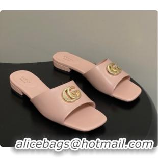 Most Popular Gucci Lambskin Leather Flat Slides Sandal Pale Pink 2026 GG030503