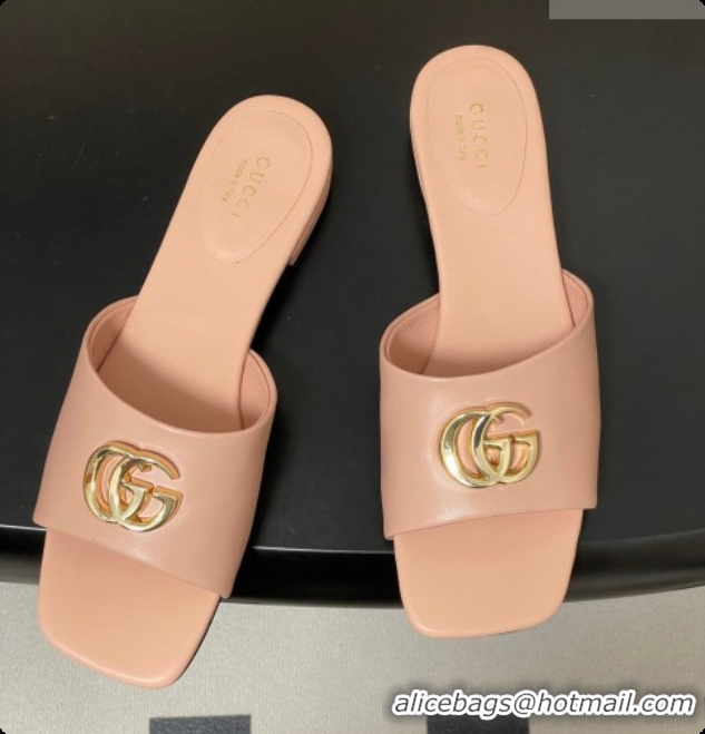 Most Popular Gucci Lambskin Leather Flat Slides Sandal Pale Pink 2026 GG030503