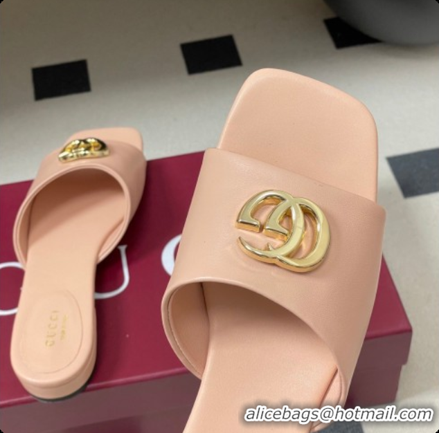 Most Popular Gucci Lambskin Leather Flat Slides Sandal Pale Pink 2026 GG030503