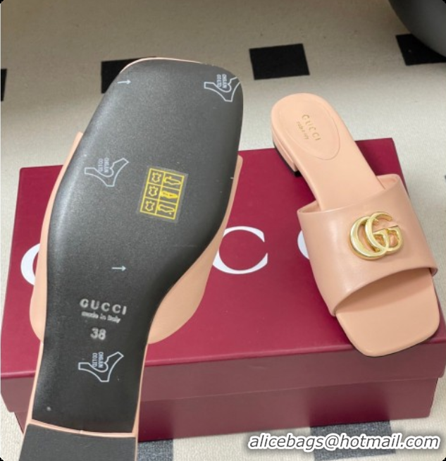 Most Popular Gucci Lambskin Leather Flat Slides Sandal Pale Pink 2026 GG030503