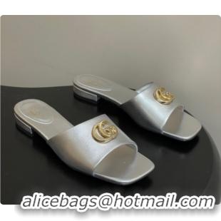 Unique Style Gucci Calfskin Leather Flat Slides Sandal Silver 2026 GG030503