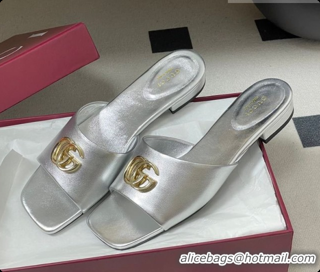 Unique Style Gucci Calfskin Leather Flat Slides Sandal Silver 2026 GG030503