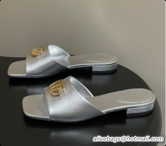 Unique Style Gucci Calfskin Leather Flat Slides Sandal Silver 2026 GG030503