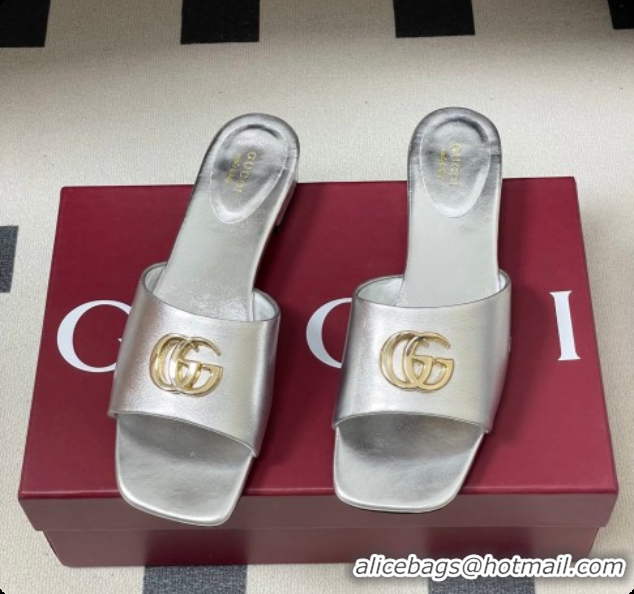 Unique Style Gucci Calfskin Leather Flat Slides Sandal Silver 2026 GG030503