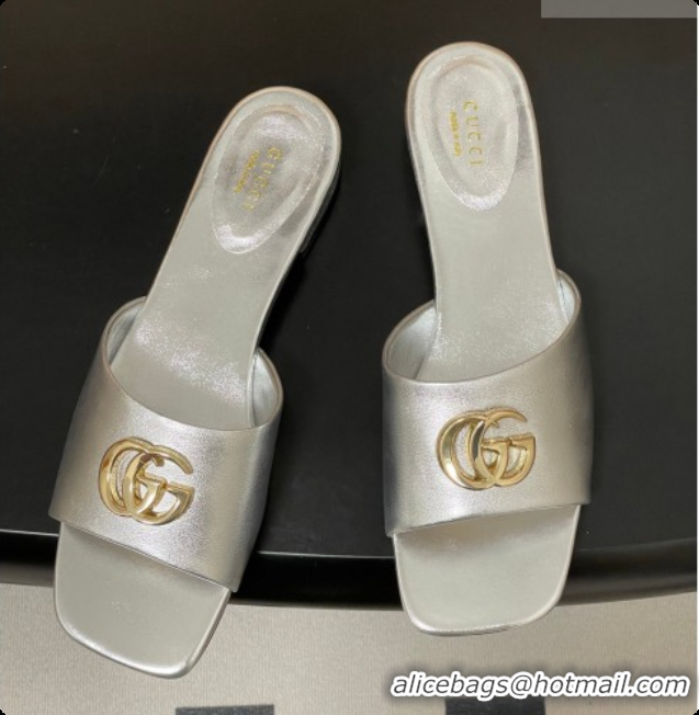 Unique Style Gucci Calfskin Leather Flat Slides Sandal Silver 2026 GG030503