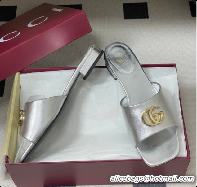 Unique Style Gucci Calfskin Leather Flat Slides Sandal Silver 2026 GG030503