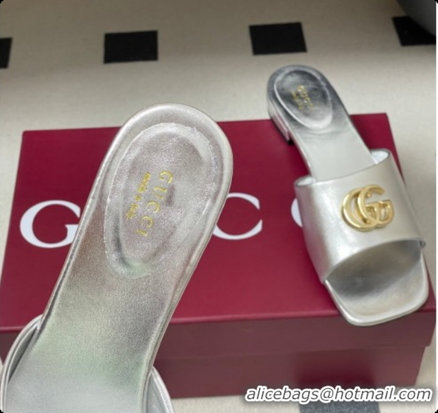 Unique Style Gucci Calfskin Leather Flat Slides Sandal Silver 2026 GG030503