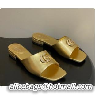 Perfect Gucci Calfskin Leather Flat Slides Sandal Gold 2026 GG030503