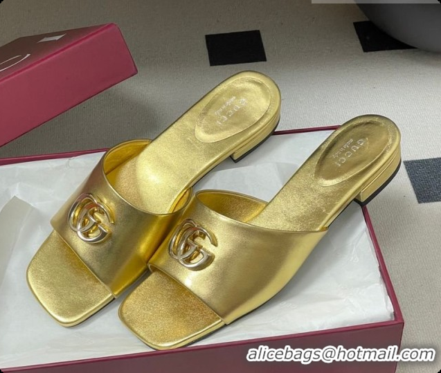 Perfect Gucci Calfskin Leather Flat Slides Sandal Gold 2026 GG030503