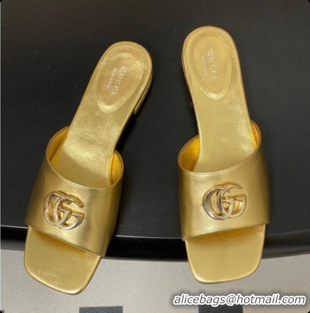 Perfect Gucci Calfskin Leather Flat Slides Sandal Gold 2026 GG030503