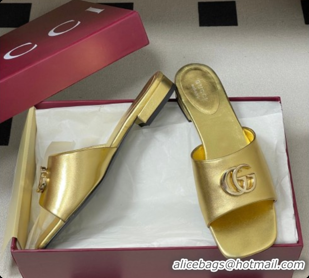 Perfect Gucci Calfskin Leather Flat Slides Sandal Gold 2026 GG030503