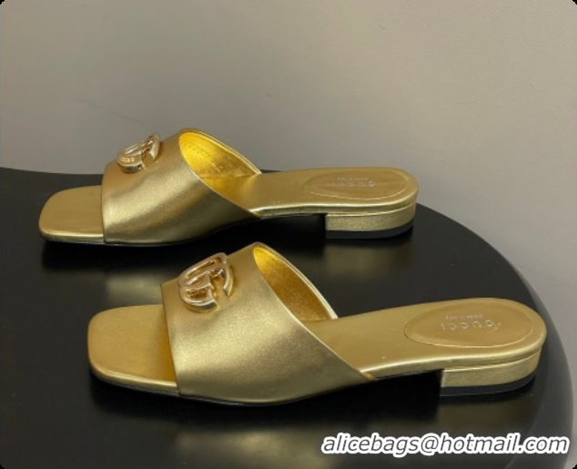 Perfect Gucci Calfskin Leather Flat Slides Sandal Gold 2026 GG030503