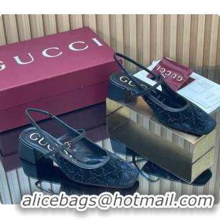 Best Grade Gucci Strass and Velvet Slingbacks Pump 5.5cm with Strap Black 2026 GG030507