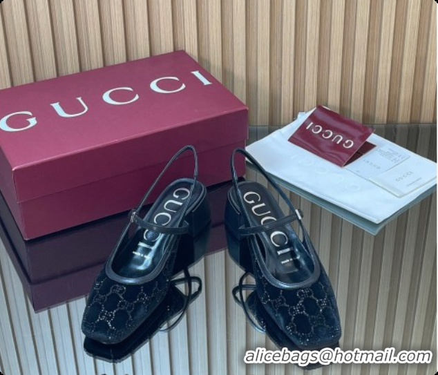 Best Grade Gucci Strass and Velvet Slingbacks Pump 5.5cm with Strap Black 2026 GG030507