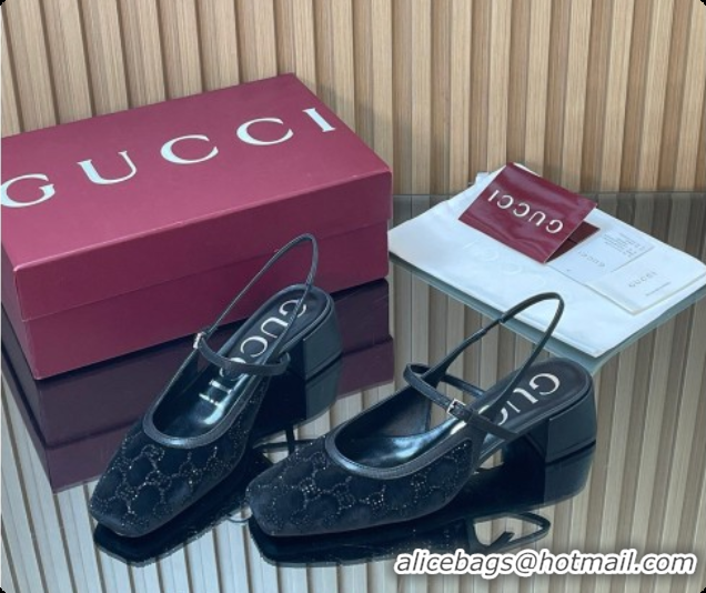 Best Grade Gucci Strass and Velvet Slingbacks Pump 5.5cm with Strap Black 2026 GG030507