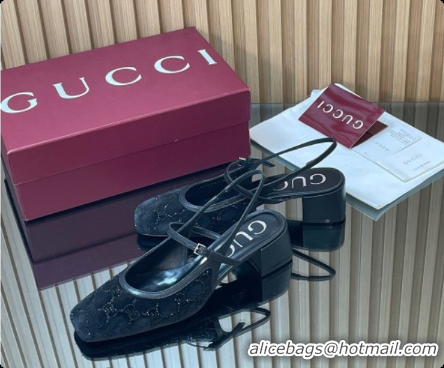 Best Grade Gucci Strass and Velvet Slingbacks Pump 5.5cm with Strap Black 2026 GG030507