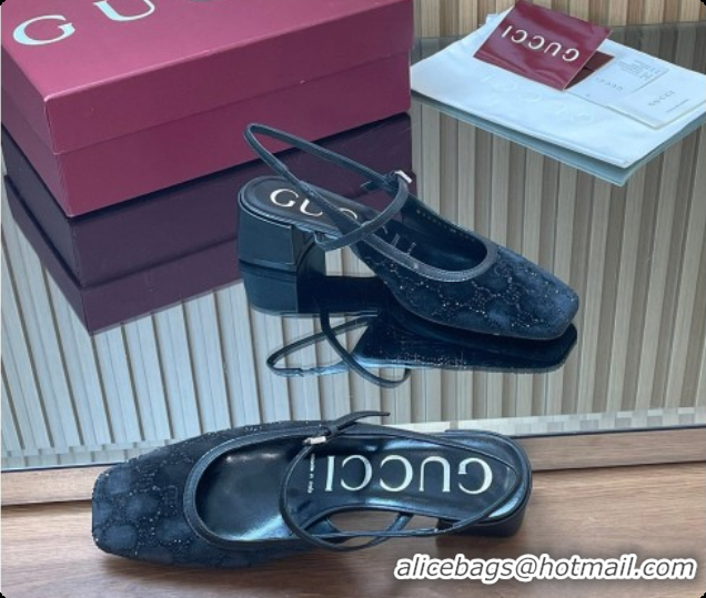 Best Grade Gucci Strass and Velvet Slingbacks Pump 5.5cm with Strap Black 2026 GG030507