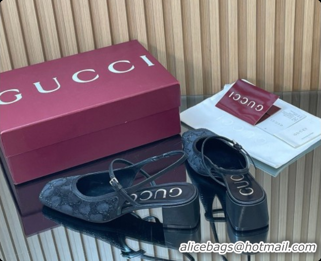 Best Grade Gucci Strass and Velvet Slingbacks Pump 5.5cm with Strap Black 2026 GG030507