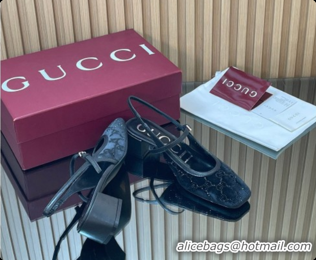 Best Grade Gucci Strass and Velvet Slingbacks Pump 5.5cm with Strap Black 2026 GG030507