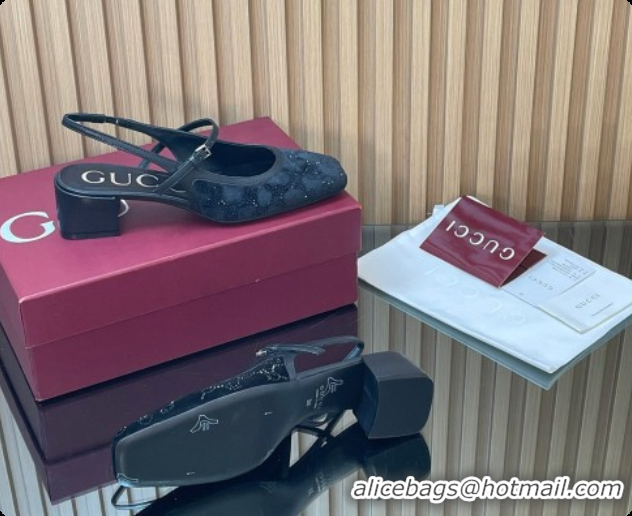 Best Grade Gucci Strass and Velvet Slingbacks Pump 5.5cm with Strap Black 2026 GG030507