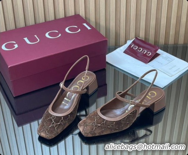 Top Grade Gucci Strass and Velvet Slingbacks Pump 5.5cm with Strap Brown 2026 GG030507
